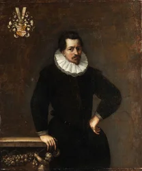 Driekwartportret van een man in zwarte kleding met witte kraag, met wapen